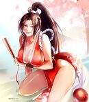  1girl bangs bare_shoulders breasts brown_eyes brown_hair cleavage fatal_fury hand_fan high_ponytail highres holding holding_fan japanese_clothes large_breasts lips long_hair looking_at_viewer ninja revealing_clothes shinobi_life1 shiranui_mai smile solo the_king_of_fighters the_king_of_fighters_xv thighs twitter_username 