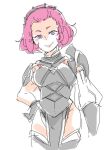  1girl 8261siron armor breasts closed_mouth fire_emblem fire_emblem_fates hairband hand_on_hip medium_breasts medium_hair pink_hair purple_eyes smile solo sophie_(fire_emblem) thighs upper_body 