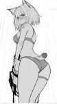  absurdres animal_ear_fluff animal_ears arknights ass blush bra cat_ears cat_tail commentary dressing green_eyes highres kal&#039;tsit_(arknights) looking_at_viewer monochrome panties sally_(luna-arts) short_tail spot_color tail underwear 
