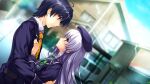  1boy 1girl akiyama_sou black_hair blue_eyes blue_jacket blurry blurry_background bow bowtie collared_shirt couple day diagonal-striped_necktie dutch_angle eye_contact floating_hair furukawa_yui game_cg green_bow green_bowtie hat hetero hug jacket long_hair long_sleeves looking_at_another misaki_kurehito necktie outdoors parted_lips purple_headwear road school_uniform shiny shiny_hair shirt short_hair street striped striped_bow striped_bowtie upper_body ushinawareta_mirai_wo_motomete white_hair white_shirt wing_collar yellow_necktie 