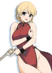  1girl aegis_(nerocc) blonde_hair blue_eyes blush breasts china_dress chinese_clothes darjeeling_(girls_und_panzer) dress earrings eyebrows_visible_through_hair girls_und_panzer groin gun highres holding holding_gun holding_weapon jewelry large_breasts looking_at_viewer open_mouth red_dress revolver short_hair sleeveless sleeveless_dress smile solo thighs weapon webley_revolver wrist_cuffs 