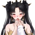  1boy 1girl bangs black_bow black_hair blood blush bow breasts cannibalism chinese_commentary commentary_request earrings eating eyebrows_visible_through_hair fate/grand_order fate_(series) finger_in_another&#039;s_mouth fujimaru_ritsuka_(male) hair_bow highres holding_hands hoop_earrings ishtar_(fate) jewelry large_breasts long_hair looking_at_viewer parted_bangs pov red_eyes simple_background solo_focus two_side_up upper_body white_background yeklsa 