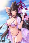  1girl absurdres animal_ear_fluff animal_ears bikini blue_archive breasts brown_hair collarbone fox_ears fox_girl fox_mask halo highres holding holding_mask large_breasts licking_lips long_hair mask navel purple_bikini purple_eyes sd56sd456 smile solo swimsuit tongue tongue_out very_long_hair wakamo_(blue_archive) wakamo_(swimsuit)_(blue_archive) 
