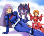  2girls bag boots cloud eyebrows_visible_through_hair gacha-m gundam gundam_zz helmet long_hair looking_at_viewer mecha multiple_girls one_eye_closed open_mouth orange_hair pilot_suit purple_hair puru_two robot roux_louka short_hair sitting smile spacesuit zeta_gundam_(mobile_suit) 