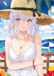  1girl bangs bare_arms bare_shoulders beach_umbrella black_bow blue_sky blush bow breasts cleavage cloud commentary_request day dress eyebrows_visible_through_hair flower grey_hair hat hat_bow highres jewelry looking_at_viewer necklace original purple_eyes sakurasakimasu4 short_hair sky smile solo sun_hat umbrella upper_body water_drop white_dress 