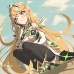  1girl angry bangs black_legwear blonde_hair blush breasts chest_jewel cleavage closed_mouth dress earrings elbow_gloves gloves headpiece jewelry long_hair looking_at_viewer miri_(cherryjelly) mythra_(massive_melee)_(xenoblade) mythra_(xenoblade) pantyhose short_dress solo super_smash_bros. swept_bangs tiara very_long_hair white_dress white_gloves xenoblade_chronicles_(series) xenoblade_chronicles_2 yellow_eyes 