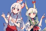  2girls bangs blue_background bow ex-keine fujiwara_no_mokou green_hair hands_up horn_bow horn_ornament horns itomugi-kun kamishirasawa_keine long_hair multicolored_hair multiple_girls pants red_bow red_eyes red_pants shirt short_sleeves simple_background streaked_hair torn_clothes torn_sleeves touhou upper_body white_bow white_hair white_shirt 