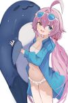  1girl :3 bikini blue_archive blue_eyes blue_jacket eyewear_on_head fang heterochromia highres hoshino_(blue_archive) hoshino_(swimsuit)_(blue_archive) inflatable_toy inflatable_whale jacket low_twintails midriff mikozin navel open_mouth pink_hair solo swimsuit symbol-only_commentary twintails white_bikini yellow_eyes 