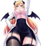  1girl bangs black_horns black_legwear black_panties black_skirt black_wings blonde_hair blush breasts cameltoe center_frills chinese_commentary cleavage closed_mouth commentary_request cowboy_shot demon_girl demon_horns demon_wings eyebrows_visible_through_hair floral_print frilled_shirt frills garter_straps hand_on_hip highres hololive horns labcoat lace-trimmed_legwear lace-trimmed_skirt lace_trim large_breasts long_hair looking_at_viewer panties pink_shirt pointy_ears red_eyes shirt simple_background skirt smile solo thighs underwear virtual_youtuber white_background wings yeklsa yuzuki_choco 