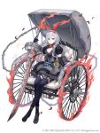  1girl absurdres alice_(sinoalice) alice_(sinoalice)_(cosplay) belt black_dress chain chariot cosplay dress elbow_gloves eyebrows_visible_through_hair frilled_dress frills full_body garter_straps gloves grey_eyes grey_hair hairband highres holding holding_weapon ji_no juliet_sleeves long_hair long_sleeves looking_at_viewer official_art petals puffy_sleeves sinoalice snow_white_(sinoalice) solo square_enix sword thighhighs weapon white_background 