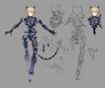  1girl android blonde_hair commentary_request english_text eyebrows_visible_through_hair flower full_body highres horns humanoid_robot joints mechanical_horns mechanical_parts mechanical_tail medium_hair original red_eyes robot_joints slit_pupils smile solo tail ushas 