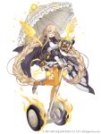  1girl absurdres aqua_eyes belt blonde_hair braid canister cosplay dorothy_(sinoalice) dorothy_(sinoalice)_(cosplay) eyebrows_visible_through_hair full_body highres ji_no long_hair looking_at_viewer magazine_(object) official_art open_mouth parasol petals rapunzel_(sinoalice) segway semi-rimless_eyewear sinoalice solo square_enix teeth twin_braids umbrella under-rim_eyewear upper_teeth very_long_hair white_background 