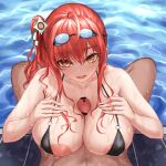  1boy 1girl areola_slip azur_lane bangs bar_censor bikini bikini_aside black_bikini blush breasts brown_eyes censored chinese_commentary cleavage clothing_aside commentary_request eyebrows_visible_through_hair goggles goggles_on_head hair_between_eyes hetero highres italian_flag large_breasts long_hair looking_at_viewer nipple_slip nipples official_alternate_costume open_mouth paizuri penis poolside pov red_hair side_ponytail smile solo_focus swimsuit upper_body water wet yeklsa zara_(azur_lane) zara_(poolside_coincidence)_(azur_lane) 