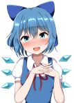  1girl :d absurdres bangs blue_bow blue_eyes blue_hair blush bow cirno collared_shirt commentary_request guard_vent_jun hair_bow highres ice ice_wings looking_at_viewer open_mouth own_hands_clasped own_hands_together shirt short_hair simple_background smile solo touhou upper_body white_background wings 