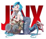  1girl absurdres arm_tattoo blue_hair braid commentary_request denim highres jeans jinx_(league_of_legends) league_of_legends long_hair looking_at_viewer pants shirt shoes simple_background smile sneakers solo tattoo teeth very_long_hair white_background white_shirt wosashimi 