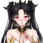  1boy 1girl bangs black_bow black_hair blood blush bow breasts breath cannibalism chinese_commentary commentary_request earrings eating eyebrows_visible_through_hair fate/grand_order fate_(series) fujimaru_ritsuka_(male) hair_bow highres holding_hands hoop_earrings ishtar_(fate) jewelry large_breasts long_hair looking_at_viewer parted_bangs pov red_eyes simple_background solo_focus two_side_up upper_body white_background yeklsa 