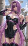  1girl bare_shoulders black_legwear breasts chain cleavage cleavage_cutout clothing_cutout commentary dagger english_commentary facial_mark fate/grand_order fate/stay_night fate_(series) forehead forehead_mark hip_vent holding holding_weapon knife large_breasts long_hair looking_at_viewer medusa_(fate) medusa_(rider)_(fate) medusa_(rider)_(third_ascension)_(fate) nameless_dagger_(fate) purple_eyes purple_hair sciamano240 skindentation tattoo thigh_gap thighhighs very_long_hair weapon 