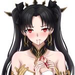  1boy 1girl bangs black_bow black_hair blood blush bow breasts cannibalism chinese_commentary commentary_request earrings eating eyebrows_visible_through_hair fate/grand_order fate_(series) fujimaru_ritsuka_(male) hair_bow highres holding_hands hoop_earrings ishtar_(fate) jewelry large_breasts long_hair looking_at_viewer parted_bangs pov red_eyes simple_background solo_focus two_side_up upper_body white_background yeklsa 