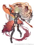  1boy absurdres ahoge capelet collarbone dark_persona eyebrows_visible_through_hair frown full_body fur_trim green_hair halberd half-nightmare highres holding holding_weapon ji_no looking_at_viewer medallion official_art pinocchio_(sinoalice) polearm red_eyes short_shorts shorts sinoalice solo square_enix tattoo weapon white_background 