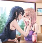 2girls arm_support bare_arms black_choker black_hair black_shirt blush breasts brown_eyes choker crying drink earrings eyebrows_visible_through_hair food hand_on_another&#039;s_face hanging_breasts highres ice_cream indoors jewelry large_breasts leaning_forward long_hair multiple_girls open_mouth original painting_(object) pink_hair piripun restaurant shirt sideboob sidelocks sitting sleeveless sleeveless_shirt smile spaghetti_strap symbol-only_commentary table tears wiping_tears yuri 