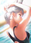  1girl absurdres animal_ears bare_arms black_swimsuit blue_archive blue_eyes blurry blurry_background breasts cat_ears closed_mouth competition_swimsuit earrings from_side halo highres jewelry long_hair nape one-piece_swimsuit profile shiroko_(blue_archive) shiroko_(swimsuit)_(blue_archive) small_breasts smile solo swimsuit tanatonkub twitter_username tying_hair upper_body white_hair 
