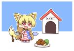  1girl american_flag american_flag_legwear american_flag_print american_flag_shirt animal_ears blonde_hair chibi clownpiece collar dog_ears dog_tail doghouse eyebrows_visible_through_hair fairy_wings flag_print highres leash looking_at_viewer pantyhose red_eyes shitacemayo solo tail touhou wings 