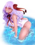  1girl all_fours arano_oki ass bb_(fate) bb_(swimsuit_mooncancer)_(fate) bb_(swimsuit_mooncancer)_(third_ascension)_(fate) breasts commentary_request dark-skinned_female dark_skin fate/grand_order fate_(series) grin large_breasts leotard long_hair looking_at_viewer purple_eyes purple_hair red_ribbon ribbon smile solo water wet white_leotard 