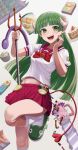  1girl :d absurdres bow bowtie candy curled_horns food green_eyes green_footwear green_hair highres holding holding_polearm holding_weapon horns kneehighs long_hair mairimashita!_iruma-kun miniskirt nail_polish pointy_ears polearm red_bow red_bowtie red_sailor_collar red_skirt sailor_collar school_uniform serafuku sharp_teeth shirt silvertsuki skirt smile solo teeth trident valac_clara weapon white_background white_legwear white_shirt 