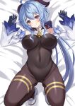  1girl ahoge ass_visible_through_thighs bangs bare_shoulders bed_sheet bell black_legwear black_leotard blue_gloves blue_hair blush bodystocking bodysuit bow breasts cameltoe covered_navel detached_sleeves eyebrows_visible_through_hair full_body ganyu_(genshin_impact) genshin_impact gloves high_heels horns kagemi leotard leotard_under_clothes light_smile long_hair looking_at_viewer low_ponytail lying medium_breasts neck_bell on_back red_eyes sidelocks solo thighlet thighs white_sleeves 