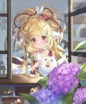  1girl animal_ears bare_shoulders bird blonde_hair brown_eyes chicken collarbone dew_drop flower granblue_fantasy harvin highres leaf long_hair mahira_(granblue_fantasy) shiromimin smile table through_window water_drop 