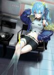  1girl belt blood blue_blood blue_eyes blue_hair cellphone crop_top earphones earrings highres hololive hoshimachi_suisei jacket jacket_partially_removed jewelry knife medium_hair midriff navel phone scissors shorts side_ponytail sitting smile solo virtual_youtuber yellow_takano yuurei_tokyo_(vocaloid) 