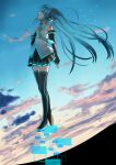  1girl absurdres black_footwear black_nails black_skirt black_sleeves blue_eyes blue_hair blue_necktie blue_sky boots cloud collared_shirt commentary detached_sleeves floating_hair from_side full_body grey_shirt hair_ornament hana_hebi hand_on_own_chest hatsune_miku headphones highres long_hair long_sleeves looking_up midair miniskirt nail_polish necktie pleated_skirt profile shirt skirt sky sleeveless sleeveless_shirt solo thigh_boots twintails very_long_hair vocaloid wing_collar zettai_ryouiki 