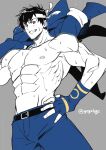  1boy bara belt fang fingerless_gloves gloves headband highres large_pectorals looking_at_viewer male_focus muscular muscular_male pectorals school_uniform short_hair smile solo sweat the_king_of_fighters tingenamo topless_male yabuki_shingo 
