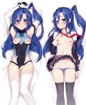  2girls absurdres armpits arms_up black_jacket black_legwear black_leotard blue_hair blue_leotard blue_panties blush breasts censored closed_mouth clothes_lift collared_shirt dakimakura_(medium) dress_shirt elbow_gloves from_above gloves grey_skirt groin hair_intakes high_ponytail highleg highleg_leotard highres jacket kazanari_tsubasa leotard long_hair long_sleeves looking_at_viewer lying miniskirt minutachi multiple_girls navel necktie nipples on_back open_clothes open_jacket open_shirt panties panty_pull plaid plaid_skirt pleated_skirt red_necktie school_uniform senki_zesshou_symphogear shiny shiny_hair shirt side_ponytail skirt skirt_lift small_breasts torn_clothes torn_legwear torn_leotard two-tone_leotard underwear very_long_hair white_gloves white_legwear white_shirt wing_collar 