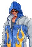  1boy black_hair black_shirt collarbone flame_print hair_over_eyes hood hood_up hoodie jacket kazama_jin male_focus painting_(medium) shirt short_hair simple_background subasame tekken tekken_4 thick_eyebrows track_jacket traditional_media watercolor_(medium) 