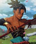  1boy abs absurdres arm_wrap biceps black_hair blurry blurry_background cloud cloudy_sky dark-skinned_male dark_skin day dreadlocks english_commentary eyebrow_cut grass highres lips looking_at_object looking_away male_focus nipples original parted_lips polearm red_eyes rock scar scar_across_eye sky soberpen solo toned toned_male upper_body veins very_dark_skin weapon 