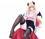  1girl bangs black_horns black_legwear black_panties black_skirt black_wings blonde_hair blush breast_tattoo breasts center_frills chinese_commentary cleavage closed_mouth coat collarbone collared_shirt commentary_request demon_girl demon_horns demon_tail demon_wings eyebrows_visible_through_hair foot_out_of_frame frilled_shirt frills garter_straps green_eyes heart heart_tattoo highres hololive horns labcoat lace-trimmed_legwear lace-trimmed_skirt lace_trim large_breasts long_hair looking_at_viewer no_shoes off_shoulder panties pink_shirt pointy_ears shiny shiny_hair shiny_skin shirt simple_background skirt sleeveless sleeveless_shirt smile solo tail tattoo thighhighs underwear virtual_youtuber white_background white_coat wings yeklsa yuzuki_choco 