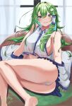  1girl absurdres ass bangs bare_shoulders barefoot breasts collared_shirt curtains dated detached_sleeves eyebrows_visible_through_hair frog_hair_ornament green_eyes green_hair grin hair_ornament hair_tubes highres hossy indoors kochiya_sanae large_breasts long_hair looking_at_viewer midriff panties pillow see-through see-through_shirt shirt sideboob signature sitting smile snake_hair_ornament solo touhou underwear white_panties white_shirt wide_sleeves window 