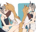  2girls alternate_costume animal_ears arknights arms_around_neck black_tank_top blonde_hair blush bottomless breasts casual ceobe_(arknights) closed_eyes coldcat. cow_horns dog_ears dog_girl dog_tail facing_another fingering grey_hair highres horns hug kiss long_hair looking_at_another midriff multiple_girls navel red_eyes short_hair short_sleeves small_breasts sweat tail tank_top tearing_up vulcan_(arknights) yuri 