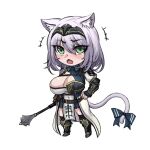  1girl animal_ear_fluff animal_ears armor armored_dress bangs belt belt_pouch black_gloves black_legwear blue_dress blush bow breasts brown_belt cat_ears cat_girl cat_tail chest_guard chest_harness chest_strap chibi chinese_commentary cleavage cleavage_cutout clothing_cutout collared_dress commentary_request covered_navel dress eyebrows_visible_through_hair fingerless_gloves full_body gloves greaves green_eyes grey_hair hair_between_eyes harness holding holding_weapon hololive kemonomimi_mode large_breasts leather_belt looking_at_viewer mace medium_hair open_mouth pauldrons pelvic_curtain pouch puffy_sleeves shirogane_noel short_dress shoulder_armor simple_background single_pauldron solo tail tail_bow tail_ornament thighhighs vambraces virtual_youtuber waist_cape weapon white_background yeklsa 