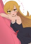  1girl :d bangs bare_shoulders black_dress blonde_hair blush dress eyebrows_visible_through_hair fang frills highres korean_commentary long_hair looking_at_viewer lying monogatari_(series) nakta on_side oshino_shinobu smile solo yellow_eyes 