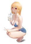  1girl absurdres bangs bare_arms bare_legs bare_shoulders bikini blonde_hair blue_bikini breasts bubble_tea chinese_commentary cleavage collarbone commentary_request cup derivative_work disposable_cup drinking_straw eyebrows_visible_through_hair flip-flops grin hand_up highres holding holding_cup kitagawa_marin large_breasts long_hair looking_at_viewer mofashao_nanheitu red_eyes sandals simple_background smile solo sono_bisque_doll_wa_koi_wo_suru squatting swimsuit thighs v white_background 