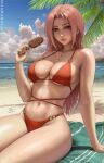  1girl arm_support artist_name bare_arms beach beach_towel bikini blue_sky breasts chloe_(sciamano240) cleavage closed_mouth cloud day earrings english_commentary food freckles highres holding holding_food hoop_earrings jewelry large_breasts leaning_back lips long_hair looking_at_viewer multi-strapped_bikini nail_polish navel necklace o-ring o-ring_bikini original outdoors pink_eyes pink_hair popsicle red_bikini red_nails sand sciamano240 sitting skindentation sky smile solo stomach summer swimsuit thighs towel 