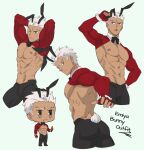  abs animal_ears archer_(fate) ass ass_focus bara blue_eyes bow bowtie chippendales danshin dark-skinned_male dark_skin fate/stay_night fate_(series) male_focus male_playboy_bunny muscular muscular_male pectoral_cleavage pectorals rabbit_boy rabbit_ears rabbit_tail short_hair tail white_hair 