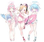  3girls animal_ear_headphones arona_(blue_archive) ass_visible_through_thighs bangs bikini blonde_hair blue_archive blue_eyes blue_hair blush bow breasts cat_ear_headphones cat_tail commentary_request drinking_straw flat_chest flip-flops frilled_bikini_bottom full_body hair_bobbles hair_bow hair_ornament hair_over_one_eye halo halterneck headphones heterochromia highres hoshino_(swimsuit)_(blue_archive) inflatable_toy inflatable_whale innertube long_hair looking_at_viewer low_twintails medium_hair momoi_(blue_archive) multiple_girls navel parted_bangs petite pink_eyes pink_hair pushun_(muteki) sandals small_breasts standing standing_on_one_leg swimsuit tail thigh_gap twintails very_long_hair white_background 
