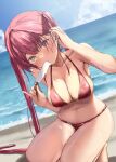  1girl absurdres arenoyoni beach bikini blue_sky breasts cleavage collarbone earrings food heart heart_earrings heterochromia highres hololive houshou_marine jewelry large_breasts long_hair navel ocean pinky_out popsicle red_bikini red_eyes red_hair sand sky solo squatting stomach swimsuit thighs twintails very_long_hair virtual_youtuber water wet yellow_eyes 