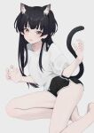  1girl :o animal_ears bare_legs barefoot black_hair black_hairband blush cat_ears cat_tail commentary_request dolphin_shorts fake_animal_ears fang hairband highres idolmaster idolmaster_shiny_colors legs looking_at_viewer mayuzumi_fuyuko paw_pose shirt short_shorts shorts simple_background skin_fang solo syhan tail thighs v-shaped_eyebrows white_background white_shirt yellow_eyes 