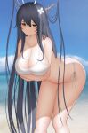  1girl alternate_costume antlers arms_under_breasts ass azur_lane bangs beach bent_over bikini black_hair breasts crossed_arms green_eyes hanging_breasts highres horns indomitable_(azur_lane) large_breasts leaning_forward legs_together navel outdoors side-tie_bikini solo swimsuit thighs white_bikini yousui 