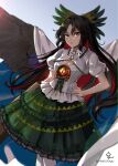  1girl absurdres arm_cannon bird_wings black_hair black_wings bow breasts cape center_frills cleavage corset frilled_corset frilled_skirt frills green_bow green_skirt hair_bow highres hoshiringo0902 lips long_hair multicolored_hair puffy_short_sleeves puffy_sleeves red_hair reiuji_utsuho short_sleeves shrug_(clothing) simple_background skirt solo starry_sky_print streaked_hair thighhighs third_eye touhou weapon white_background white_cape white_corset white_legwear wings yellow_eyes 