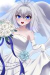  1girl absurdres alternate_costume bangs blue_eyes blue_flower blue_rose blue_sky bouquet breasts bridal_veil cleavage clothes_lift cloud dress dress_lift elbow_gloves flower gloves gradient_sky grey_hair highres holding holding_bouquet kate_(iloveyorm) konpaku_youmu lifted_by_self looking_at_viewer open_mouth outdoors rose short_hair sky solo strapless strapless_dress teeth tiara touhou upper_teeth veil wedding_dress white_dress white_flower white_gloves white_rose 